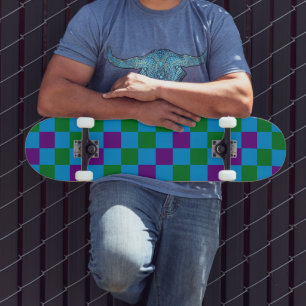 Skateboard Diseño de Patrón de Cuadros Azul Verde Púrpura