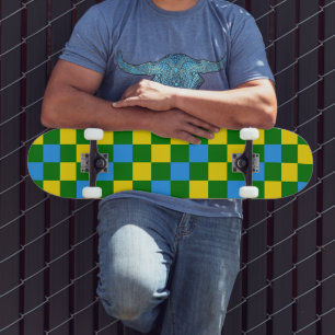 Skateboard Diseño de Patrón de Cuadros Azules Amarillos y Ver