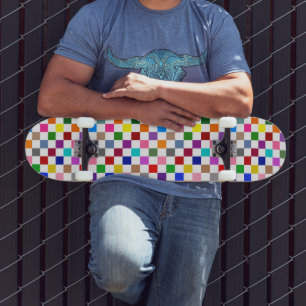 Skateboard Diseño de Patrón de Cuadros Colorido Blanco 