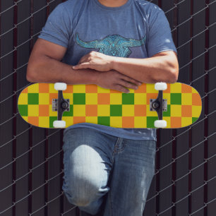 Skateboard Diseño de Patrón de Cuadros Naranja Amarillo Verde