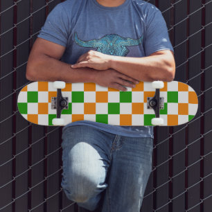 Skateboard Diseño de Patrón de Cuadros Naranja Blanco Verde