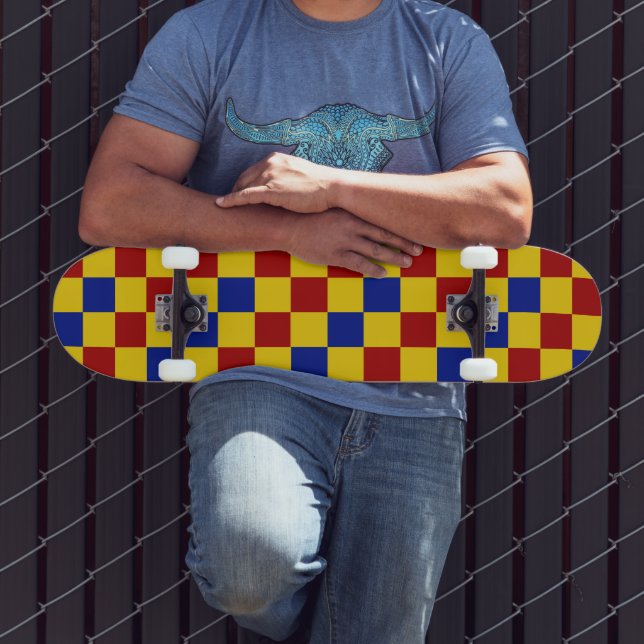 Skateboard Diseño de Patrón de Cuadros Rojo Amarillo Azul (Exterior 3)