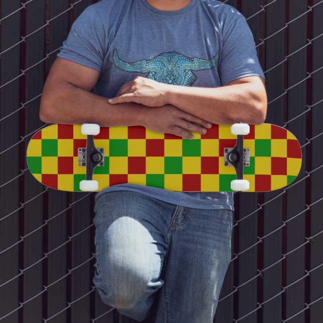 Skateboard Diseño de Patrón de Cuadros Rojo Amarillo Verde  (Exterior 3)