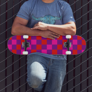 Skateboard Diseño de Patrón de Cuadros Rojo Purpura Rosa 