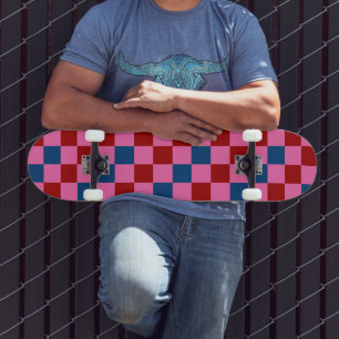 Skateboard Diseño de Patrón de Cuadros Rojo Rosa Azul