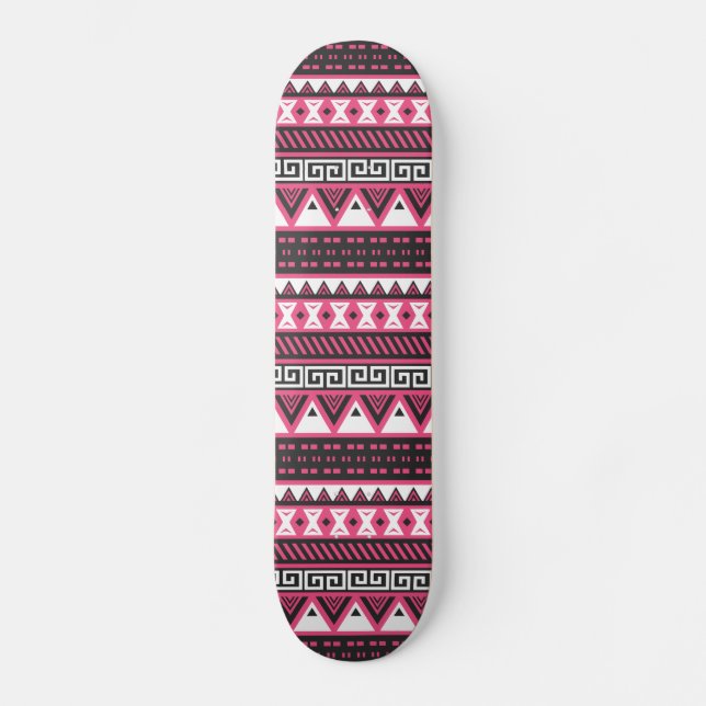 Skateboard Diseño de patrones tribales azteca rosa y negro (Anverso)