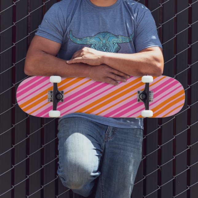 Skateboard Diseño de rayas verticales rosa y naranja (Exterior 3)