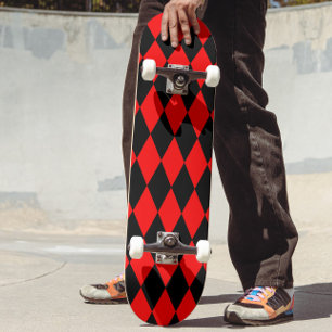Skateboard Diseño de rombos de arlequín en cuadros rojos y ne