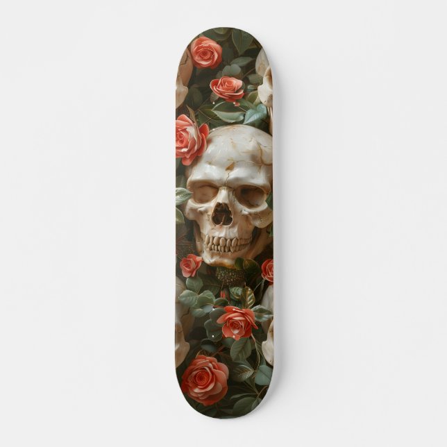 Skateboard Diseño de rosas y cráneos (Anverso )