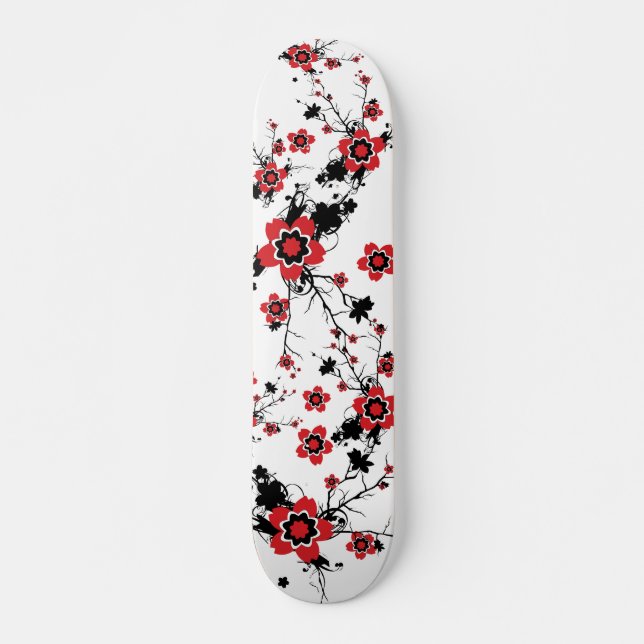 Skateboard Diseño de Sakura con flores de cerezo rojas (Anverso )