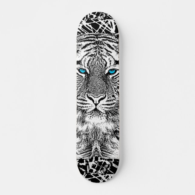 Skateboard Diseño de tigre de ojos azules negros y blancos (Anverso )