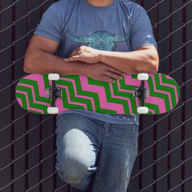 Skateboard Diseño de zigzag de Chevron verde rosa  (Exterior 3)