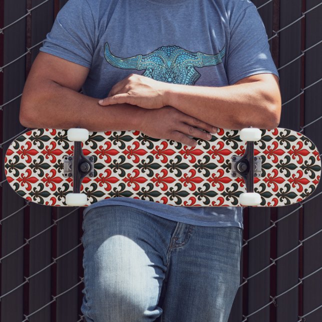 Skateboard Diseño del patrón rojo negro barroco Fleur-de-lis (Subido por el creador)