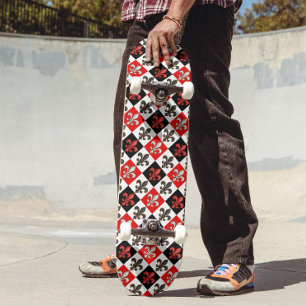Skateboard Diseño Fleur-de-lis con cuadros blancos rojos
