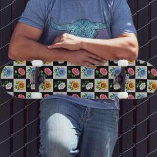 Skateboard Diseño floral de girasol multicolor a cuadros