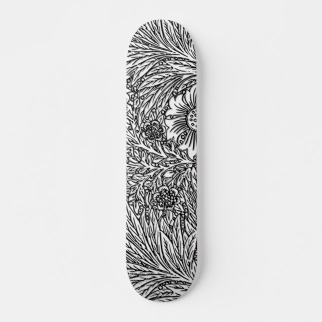 Skateboard Diseño floral intrincado en blanco y negro (Anverso )