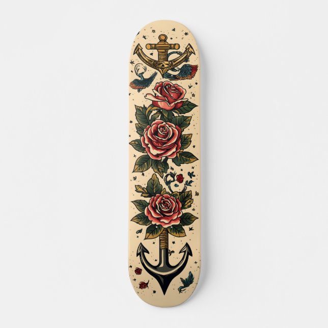 Skateboard Diseño tradicional de tatuajes, ancla, Rosas y gol (Anverso )