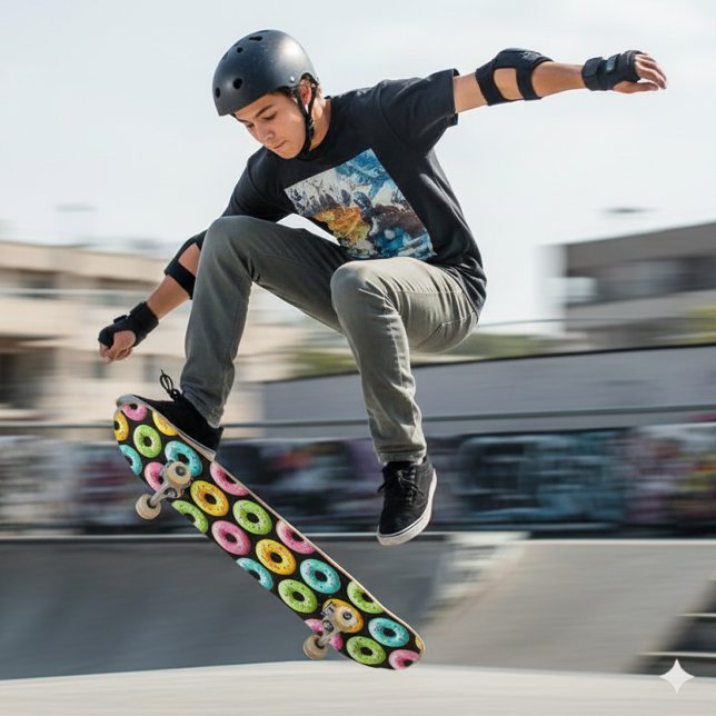 Skateboard Donuts coloridos con salpicaduras (Colorful Donuts Skateboard Cover Photo)