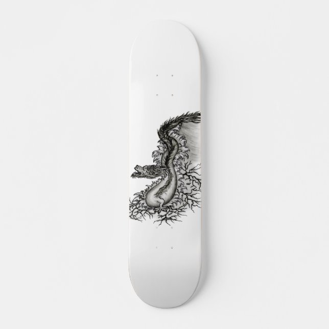 Skateboard Dragón chino, diseño blanco y negro en tatuostyl (Anverso )