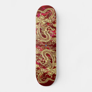 Skateboard Dragón de Oro Repujado sobre Impresión de Satén Ro