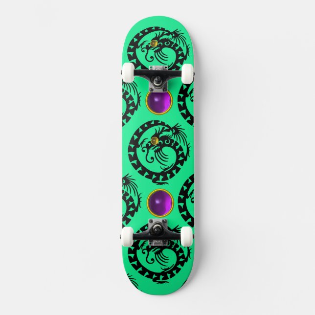 Skateboard DRAGÓN DE SNAKE NEGRO VERDE, Gemas Ametistas Púrpu (Anverso)