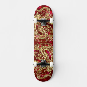Skateboard Dragón dorado repujado sobre impresión de satén ro