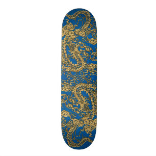 Skateboard Dragón dorado sobre textura de cuero azul Lapis