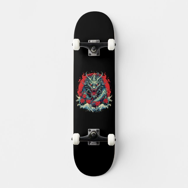 Skateboard Dragón Japonés en Las Olas (Anverso)