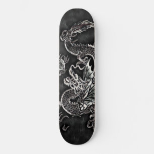 Skateboard Dragón japonés negro, cubierta vinícola platead
