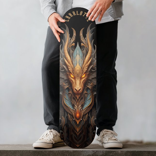Skateboard Dragón mítico con patrones tribales fantasía oscur (Mythical Dragon with Tribal Patterns Dark Fantasy Skateboard)