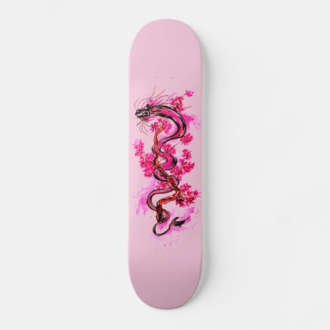 Skateboard Dragón rosa y flores (Anverso)