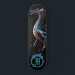 Skateboard *~* Dragón Verde azulado de hierro metálico elemen<br><div class="desc">(Código de búsqueda AP88 para encontrar elementos similares ) Transferir fácilmente a otros productos Zazzle. Elemento elemental DRAGON con ANILLO de FUEGO / LLAMAS / LLAMA y MONOGRAMA INICIAL para su nombre - Mantener o editar o borrar el texto. Este Fierce Popular trending skateboard estilo chino personalizado pro Element Dragon...</div>