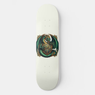 Skateboard Dragón Verde y Dorado con Escudo