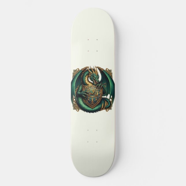 Skateboard Dragón verde y dorado con escudo (Anverso)