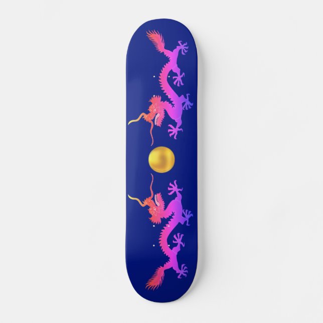 Skateboard Dragones en tonos rosa, rojo y azul en azul (Anverso)