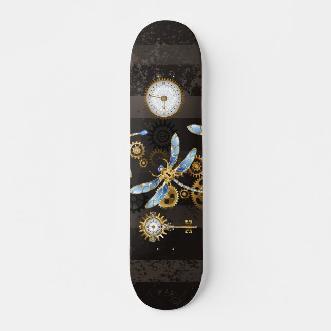 Skateboard Dragoniscos de Steampunk sobre fondo rayado marrón (Anverso )