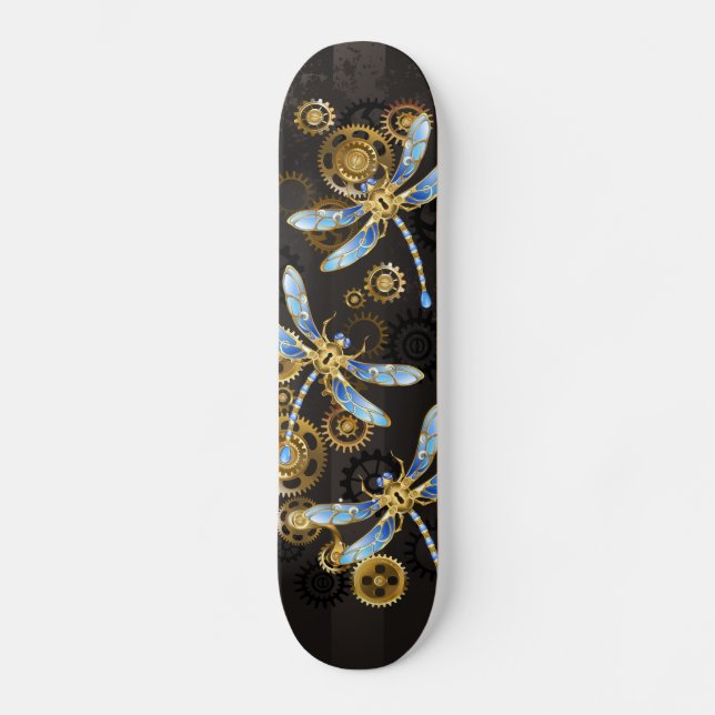 Skateboard Dragoniscos de Steampunk sobre fondo rayado marrón (Anverso)