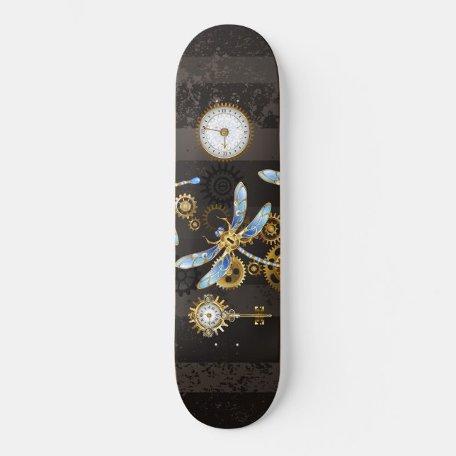 Skateboard Dragoniscos de Steampunk sobre fondo rayado marrón (Anverso)