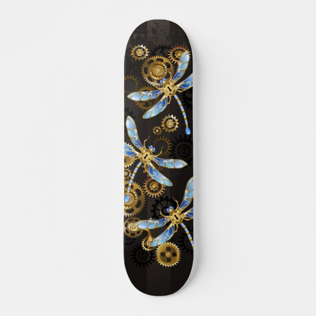 Skateboard Dragoniscos de Steampunk sobre fondo rayado marrón (Anverso )