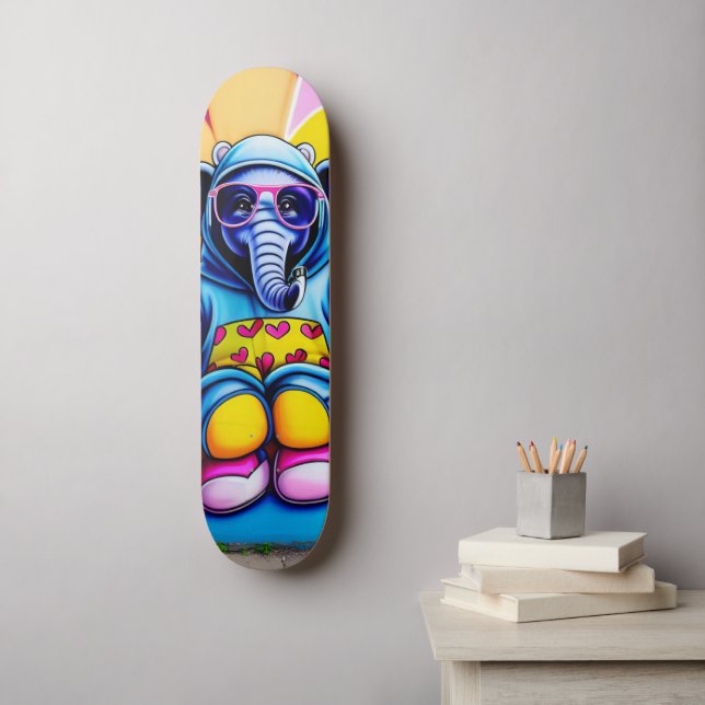 Skateboard Elefante azul Guay con graffiti de gafas (Arte de la pared)