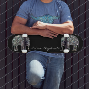 Skateboard Elefante personalizado con mosaico plateado brilla