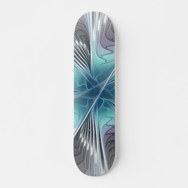Skateboard Elegancia Flor de Arte Fractal Blanco Gris Azul (Anverso )