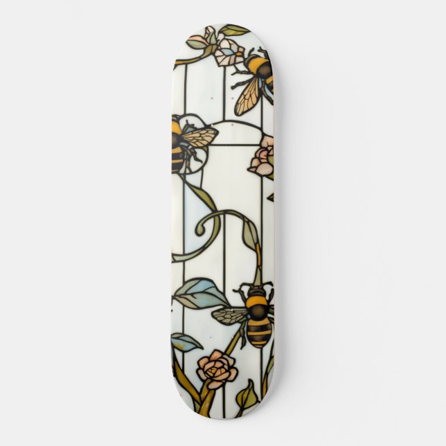 Skateboard Elegant art nouveau botanical  bee stain glass (Anverso)