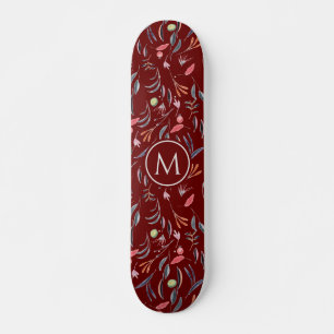 Skateboard Elegante acuarela floral borgoñona MONOGRAM