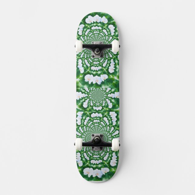 Skateboard Elegante acuarela Orquídea Blanca Mandala (Anverso)