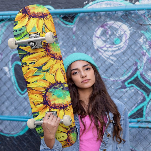 Skateboard Elegante arte de girasol amarillo brillante sobre (Stylish Bright Yellow Sunflower Skateboard )