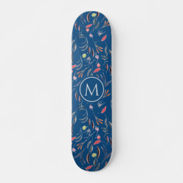 Skateboard Elegante color de agua azul floral MONOGRAM
