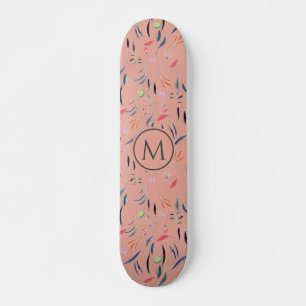 Skateboard Elegante Coral Pink Floral acuarela MONOGRAM