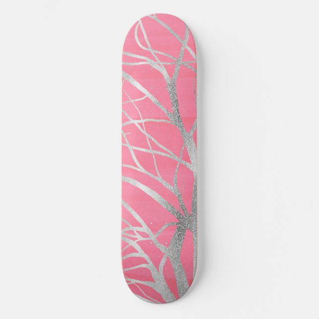 Skateboard Elegante dibujo de árbol de otoño de plata rosa (Anverso)