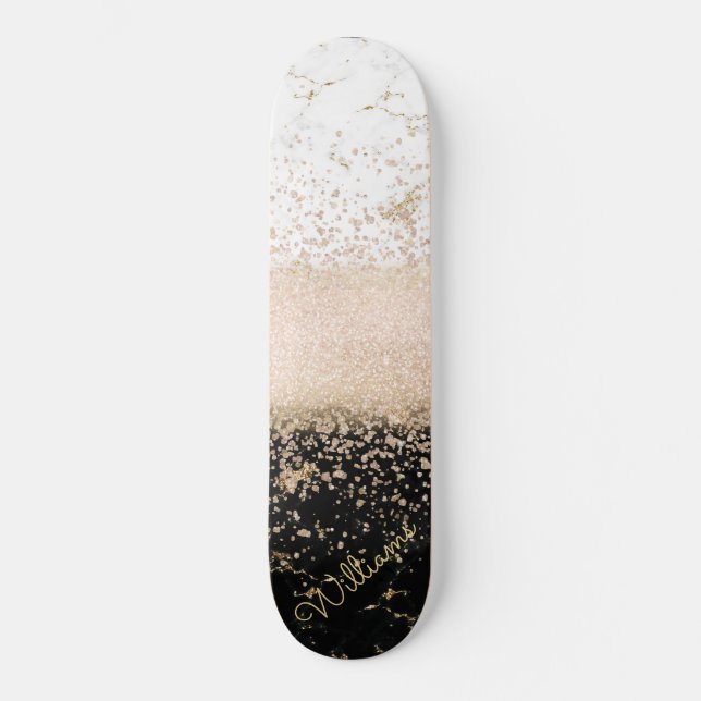 Skateboard Elegante diseño de mármol de confeti dorado subió (Anverso)
